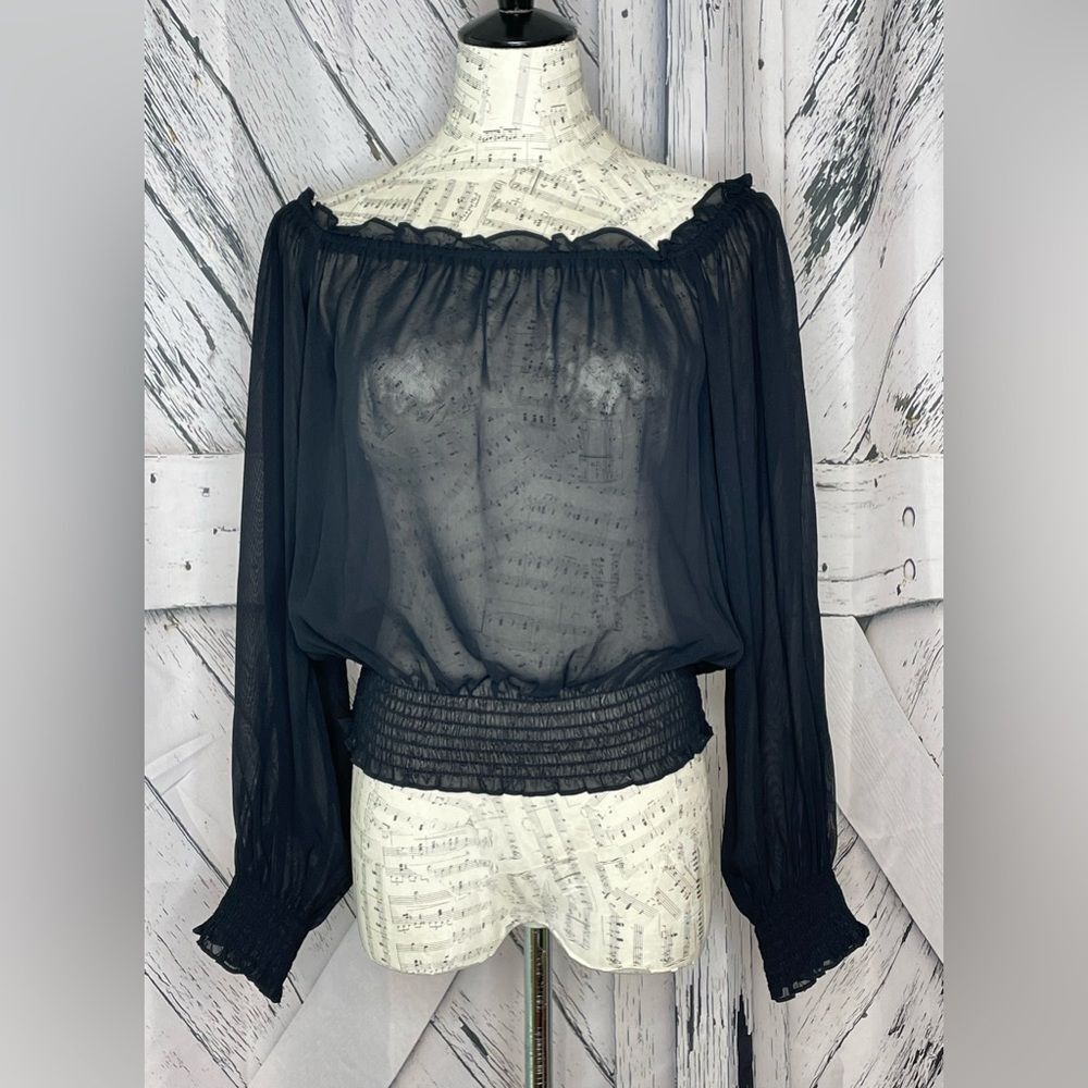 RALPH Ralph Lauren Off the Shoulder black sheer blouson long sleeve top Size M